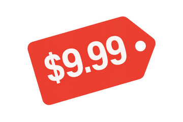 Red price tag showing the price of nine dollars and ninety nine cents on a transparent background