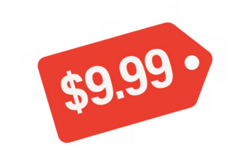 Red price tag showing the price of nine dollars and ninety nine cents on a transparent background