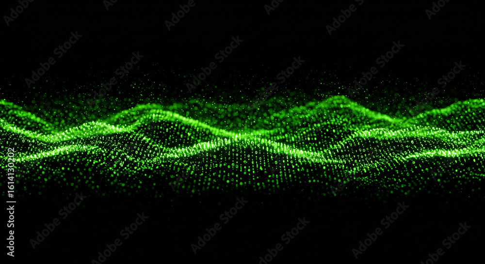 Poster abstract green digital wave pattern with binary code on a black background in a landscape view