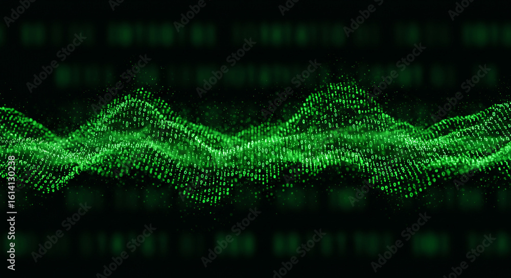 Poster a green binary code wave pattern against a dark background with subtle reflections below it