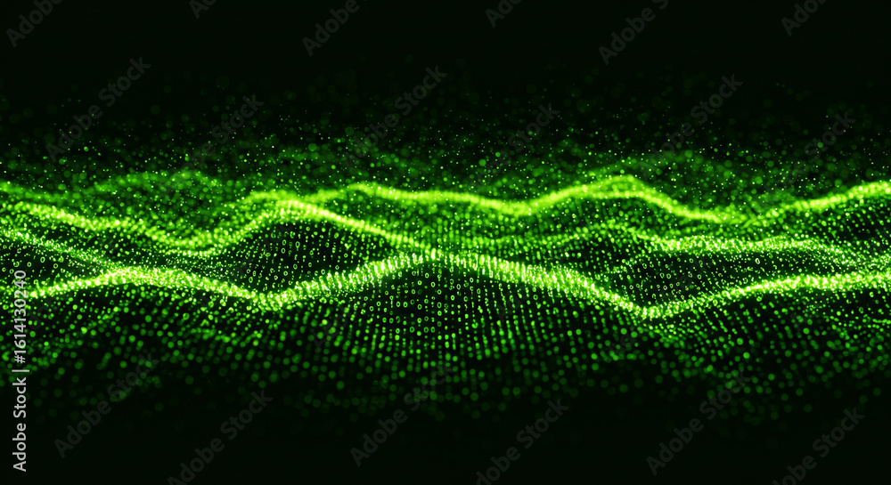 Poster a digital landscape of green binary code flowing in waves against a dark black background with parti