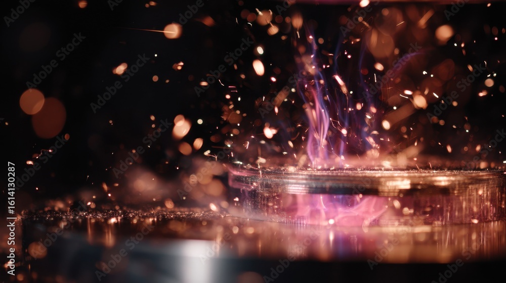 Poster pink and blue plasma interacts with a specially designed alloy foil, showcasing sparks and heat tran