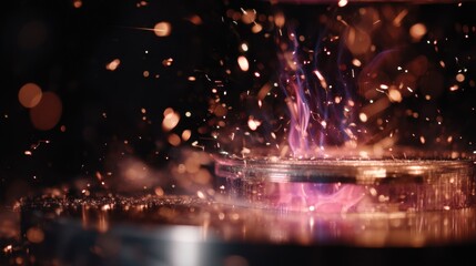 Pink and blue plasma interacts with a specially designed alloy foil, showcasing sparks and heat transfer in a dynamic shot capturing the power and intensity of the process against a dark background