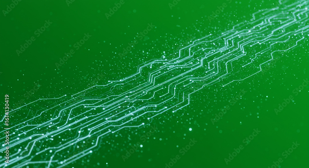 Poster a green background featuring a network of interconnected white lines and scattered white dots throug
