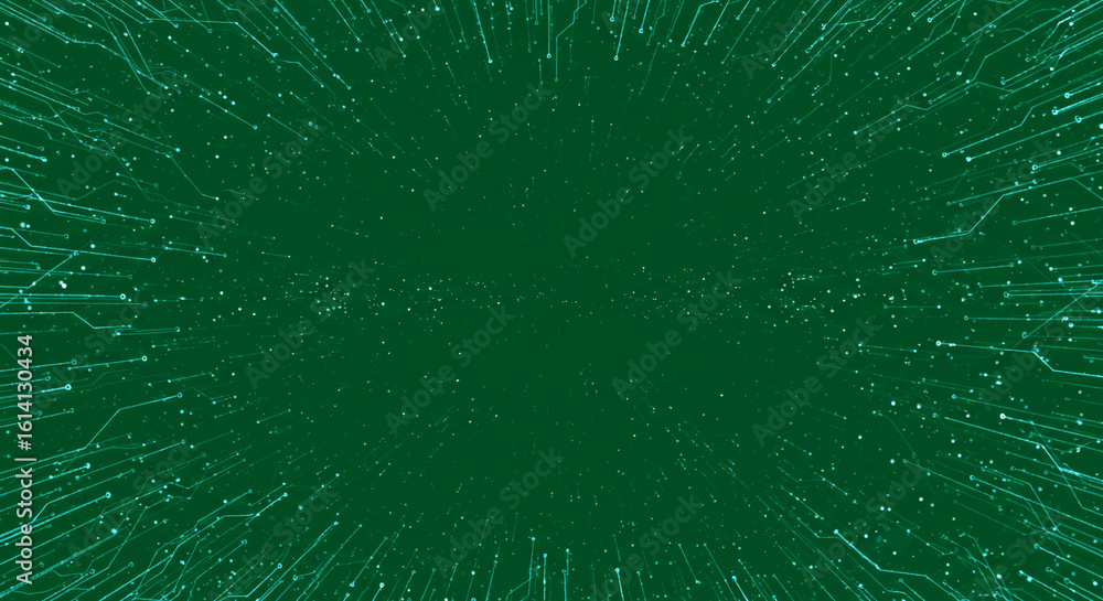 Poster abstract green background with glowing lines and dots creating a network or digital effect look