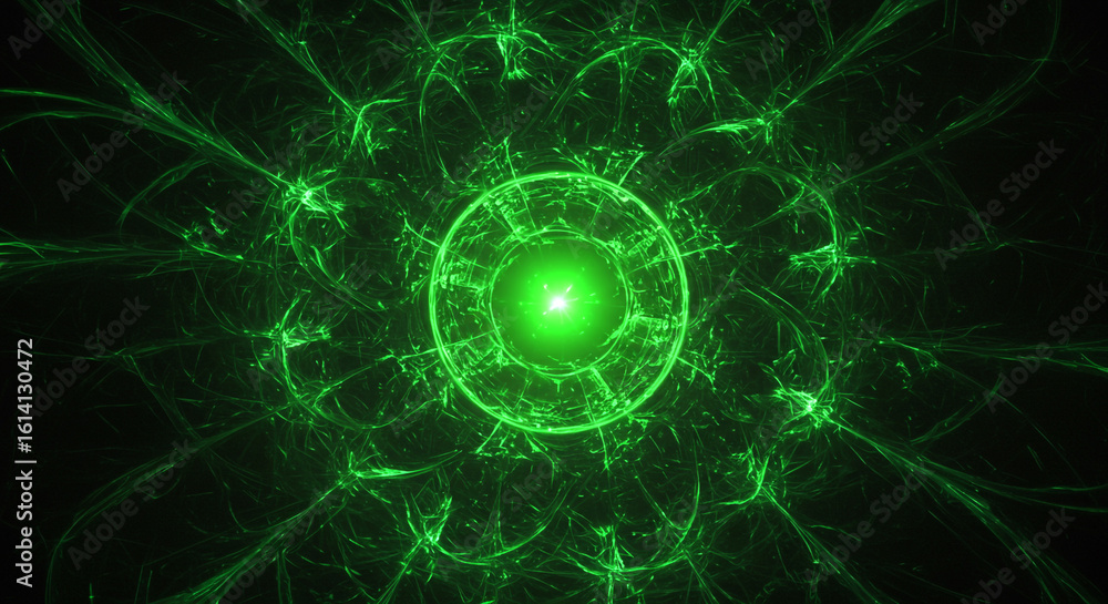 Poster a bright green energy orb surrounded by fractal patterns and glowing lines on a dark background