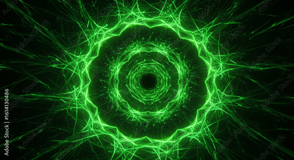 Poster abstract green energy tunnel with glowing lines and a dark center creating a vortex effect