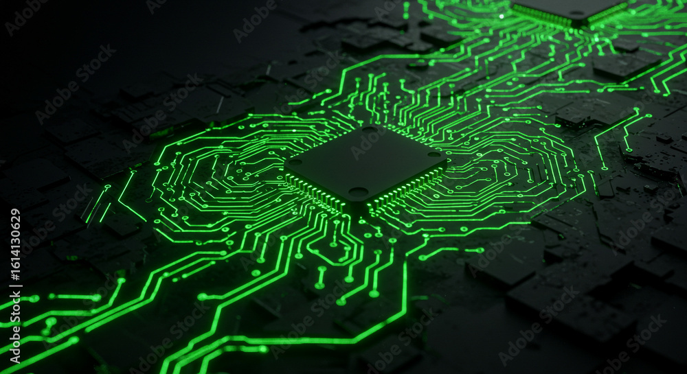 Poster a close up view of a dark circuit board with glowing green lines and a central processor unit square