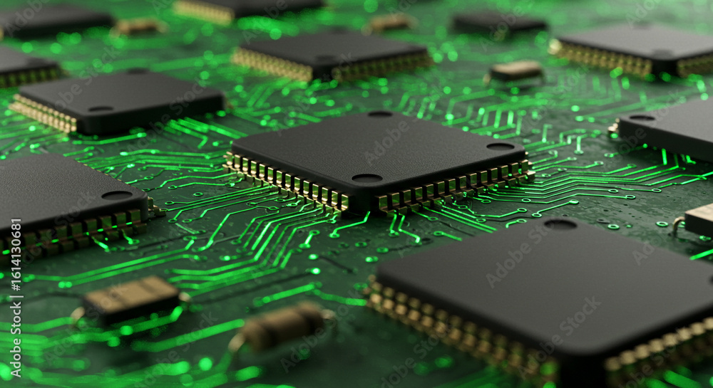 Poster close up of computer chips on a green circuit board with intricate glowing pathways and components v