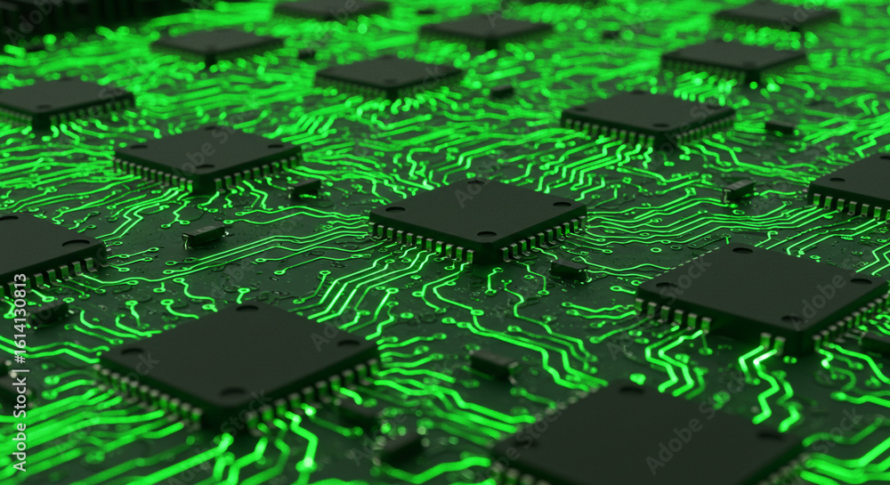Poster close up view of a circuit board with green glowing traces and multiple black microchips arranged ne