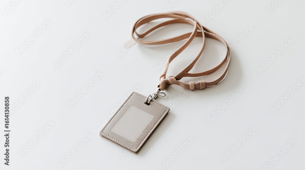 Poster blank identification badge with a soft beige lanyard, designed for professional use, showcasing a mi