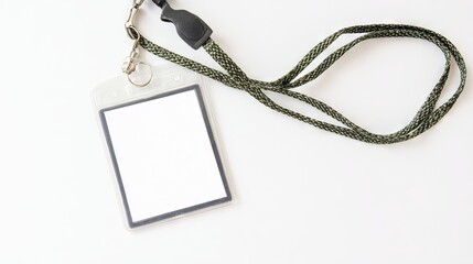 Blank ID badge with lanyard, designed for personal identification, featuring a transparent holder and a sturdy strap, ideal for events and professional settings with copy space
