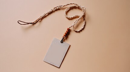 Fototapeta premium Blank tag with a braided rope and wooden beads, resting on a soft beige surface, ideal for branding or labeling purposes in creative projects and designs