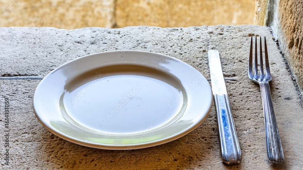 Poster empty white plate placed on a rustic stone surface, accompanied by a knife and fork, creating a sere