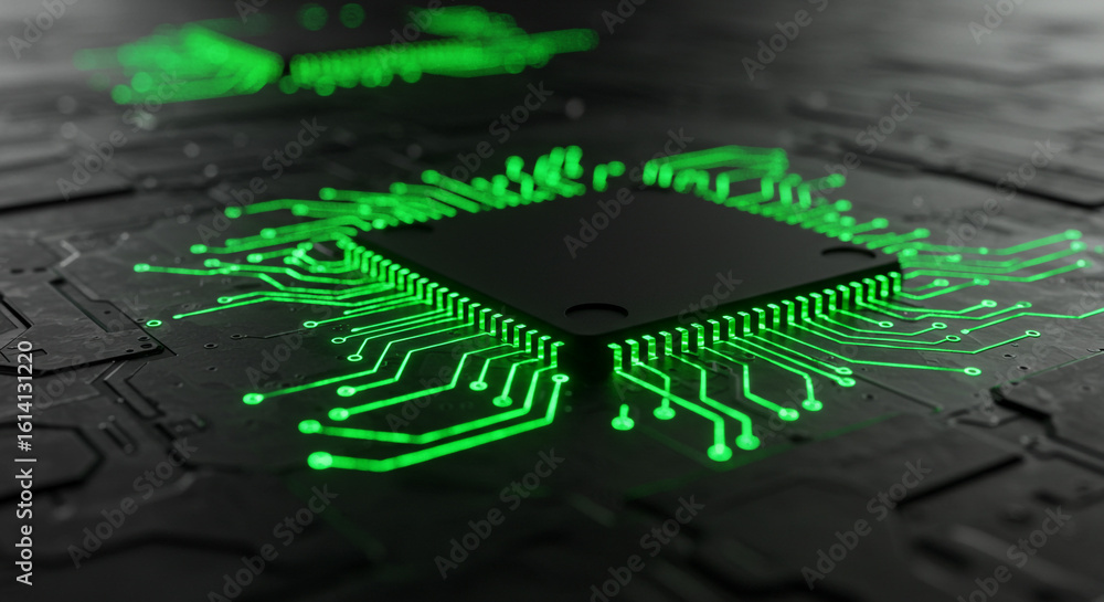 Poster a close up of a dark computer chip board with bright green glowing pathways and circuit connections