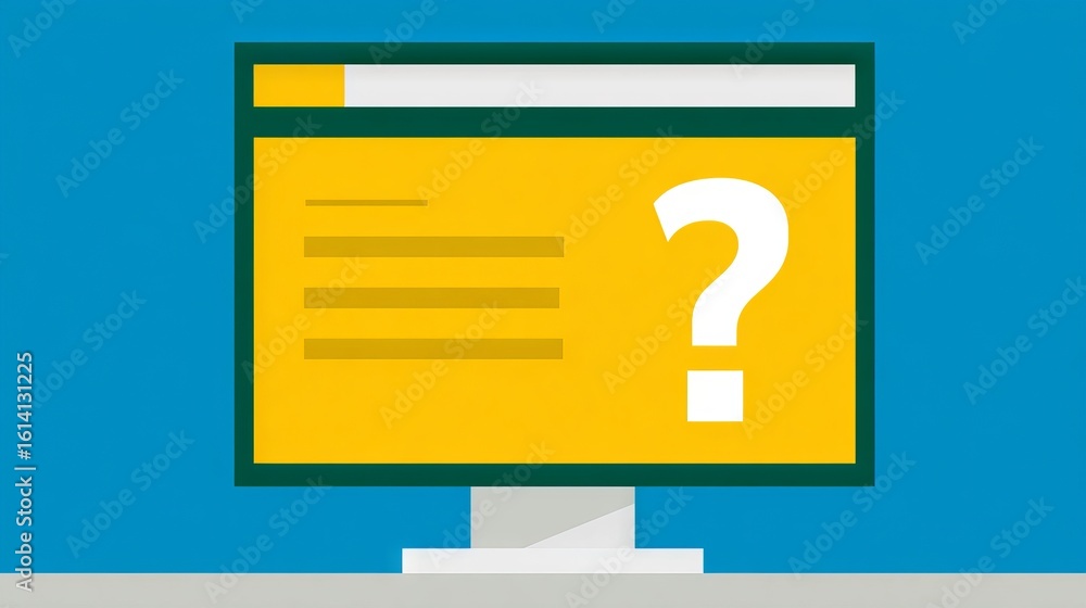 Poster computer monitor mock up displaying a blank yellow screen with a question mark, set against a blue b