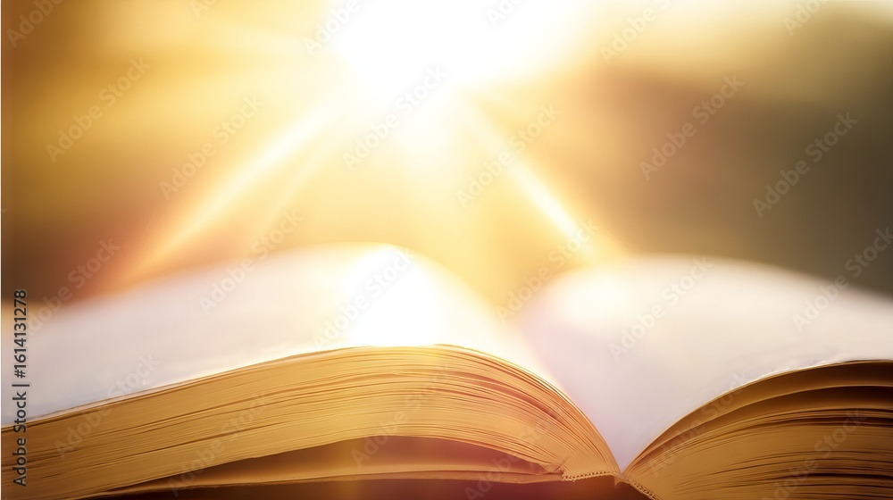Poster open book with illuminated pages, sunlight streaming through, creating a warm and inviting atmospher