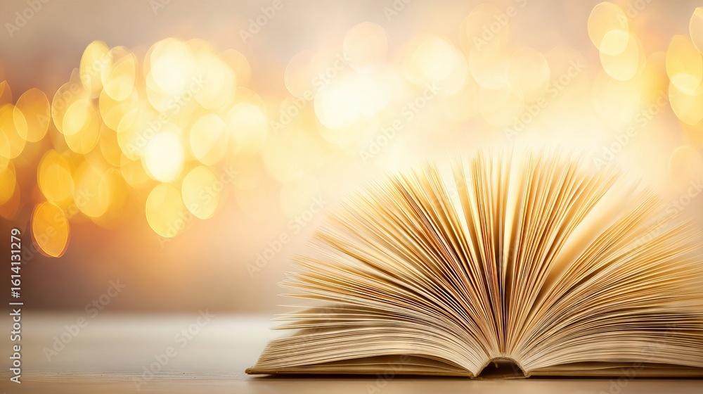 Poster open book with pages fanned out, resting on a wooden surface, illuminated by warm bokeh lights in th