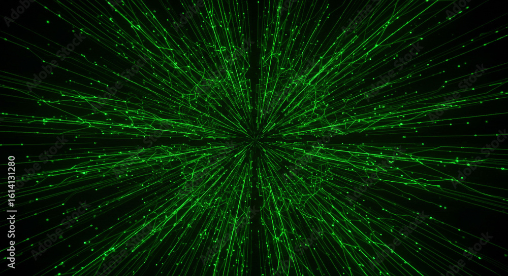 Poster a green abstract network of lines and dots radiating from the center on a dark background