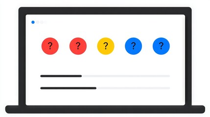Laptop mock up with blank screen and colorful question mark icons, showcasing a modern design, ideal for digital marketing and creative projects with copy space