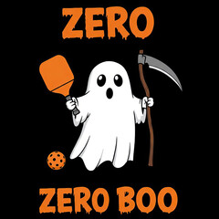 Ghost holding a paddle and scythe with pickleball and Halloween theme  