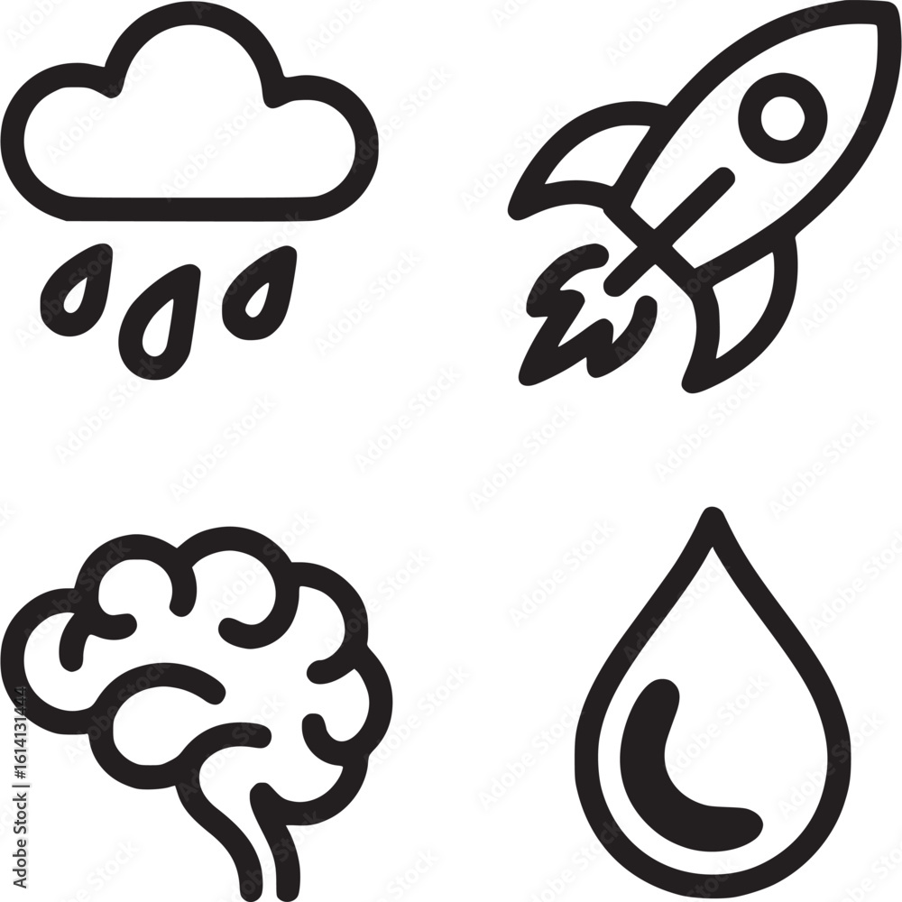 Poster a grid of four black and white icons depicting a cloud with rain a rocket a brain and a water drop o