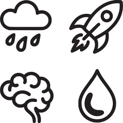 A grid of four black and white icons depicting a cloud with rain a rocket a brain and a water drop on transparent background