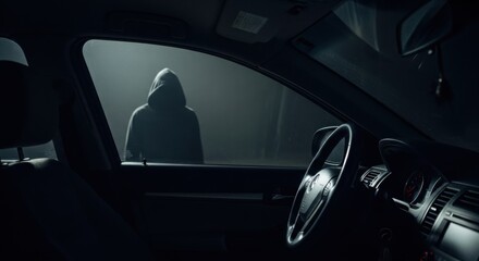 Silhouette of a hooded person outside car window in the dark. Scary monster trying to break into vehicle for horror concept.