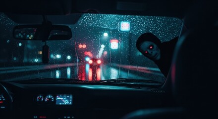 Scary skeleton monster looking into a car through a wet window at night. Horror film concept. Scary Halloween night drive.