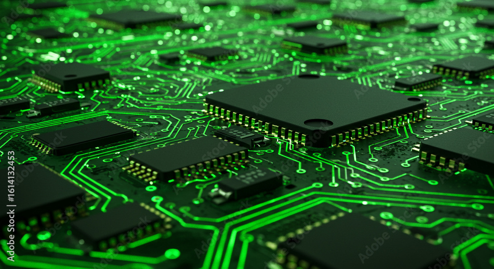 Aufkleber a close up view of a green circuit board with chips and glowing green traces in a dark setting