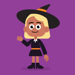 Cartoon Halloween Witch Character with Blonde Hair and Black Hat on Purple Background
