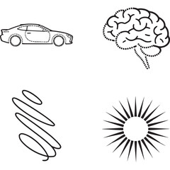 A graphic illustration featuring a car, brain, swirl, and sun on a white background in black lines on transparent background