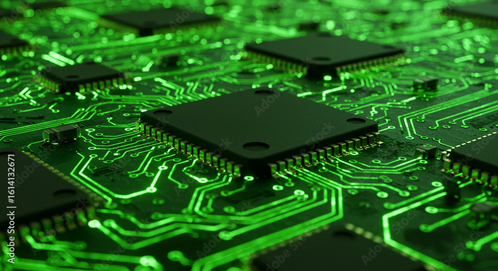 Poster a close up view of a green circuit board with multiple chips and intricate glowing pathways visible