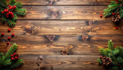 Festive wooden background with pine boughs and berries