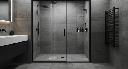 Modern bathroom interior featuring a walk-in shower with sliding glass doors, a sleek vanity, and a heated towel rack.