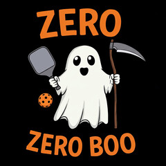 Cute ghost holding a paddle and scythe with pickleball and text "Zero Boo"  