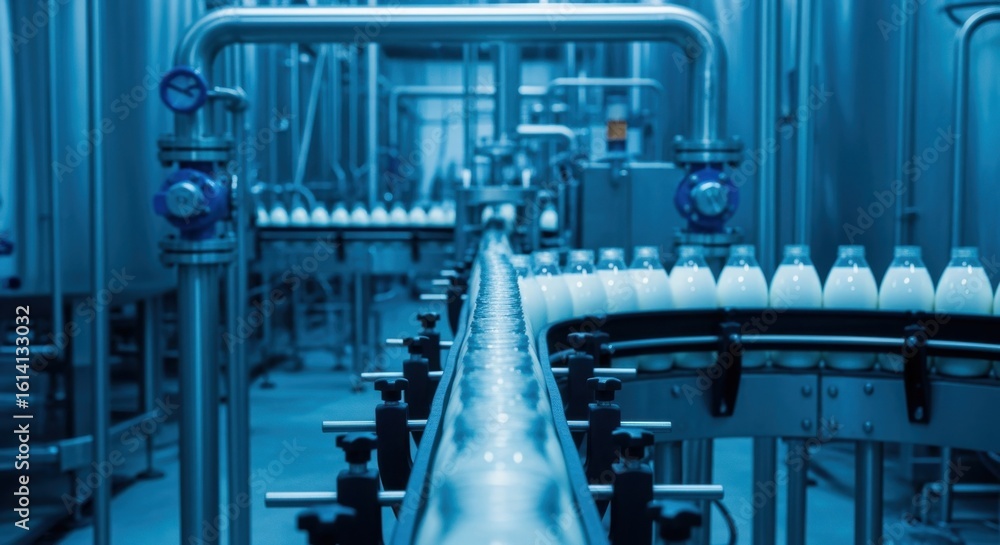 Poster milk bottling automation conveyor system transporting filled bottles through futuristic food process