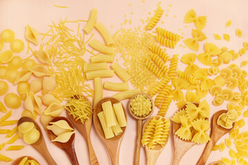 Mix of pasta shapes varieties: penne and fusilli, farfalle and macaroni, rigatoni and rotini,...