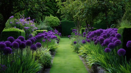 Fototapeta premium Natural green walkway surrounded by blooming alliums / アリウムに囲まれた自然な緑の小道