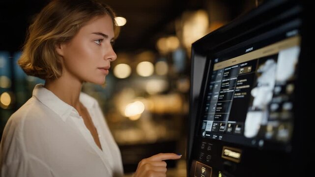 Interactive touchscreen coffee vending machine with glowing buttons and sliders for customizing specialty drinks.