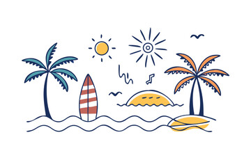 Obraz premium Hand-drawn Tropical Beach Scene: Palm Trees, Surfboard, Sunset