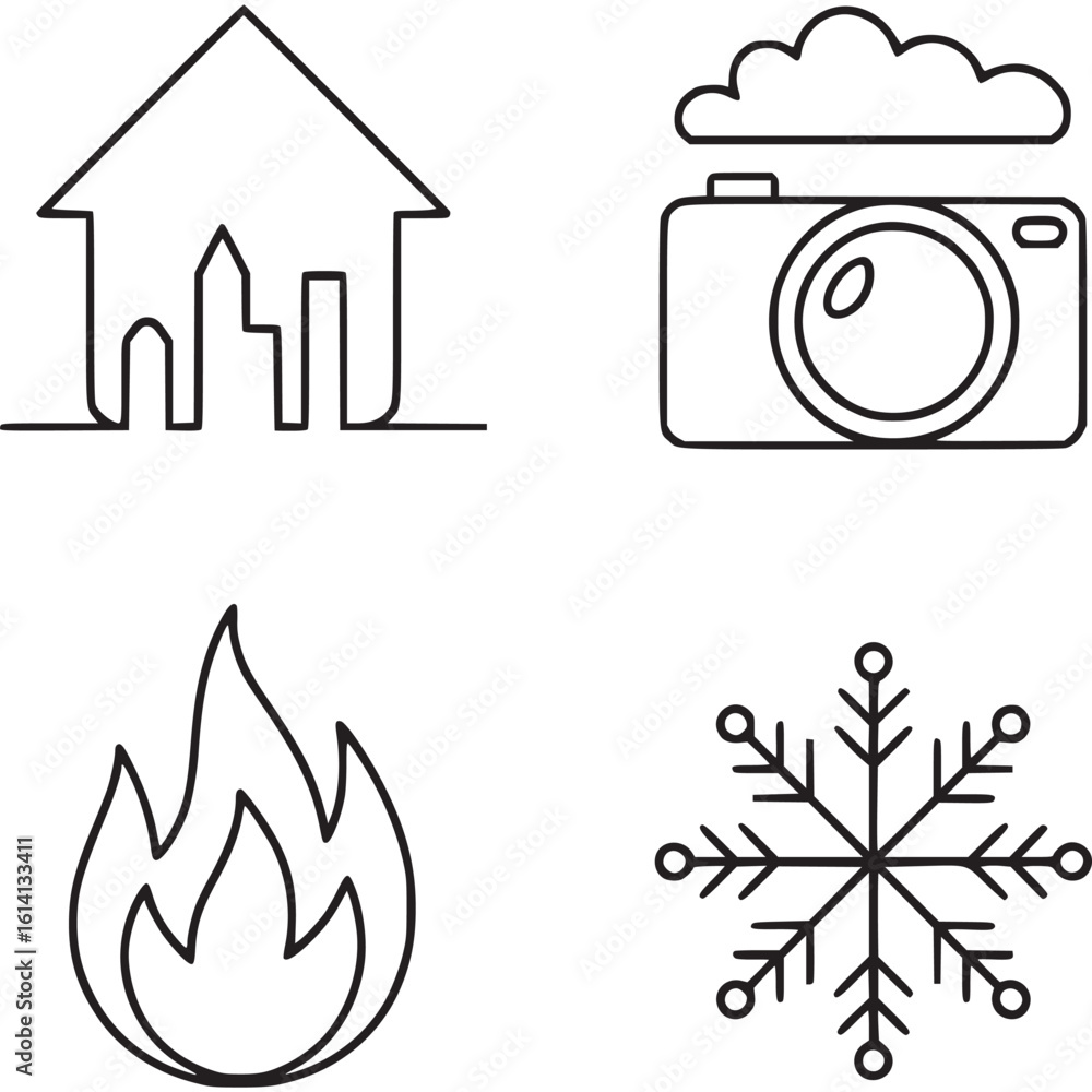 Poster collection of line art icons representing home, camera with cloud, fire, and snowflake on white on t