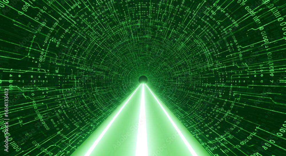 Poster a green digital tunnel with binary code and bright light converging at the vanishing point ahead