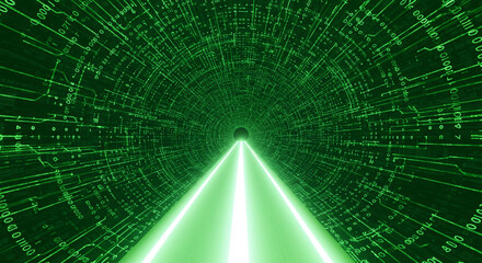 A green digital tunnel with binary code and bright light converging at the vanishing point ahead