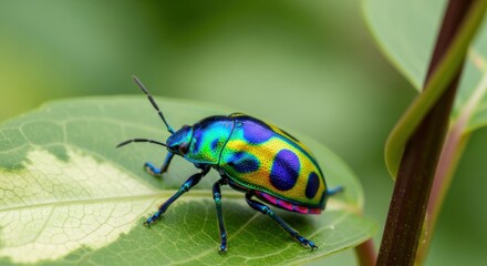 Naklejka premium A vibrant jewel beetle rests on a lush green leaf in nature
