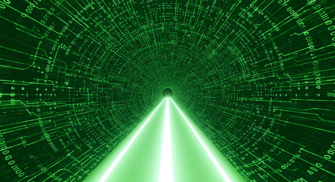 A green digital tunnel with binary code and bright light converging at the vanishing point ahead