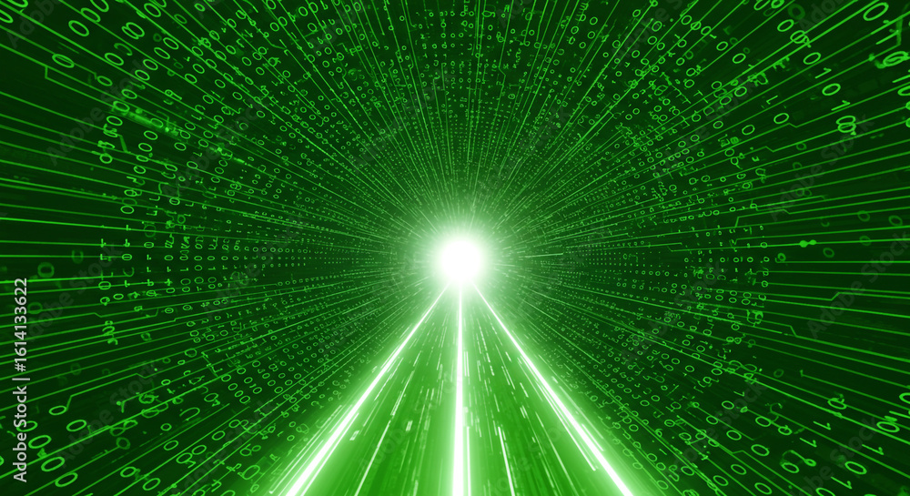 Poster a bright green tunnel of binary code with lines of light leading to a central bright light