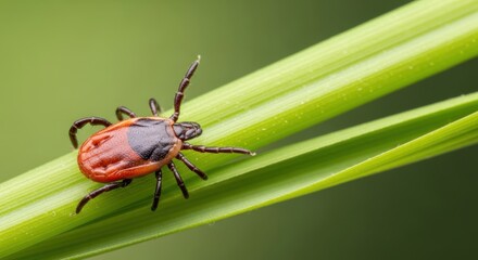 A dangerous tick crawls on a blade of green grass
