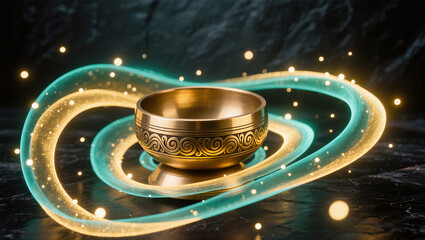 Mystical brass bowl surrounded by swirling light and energy