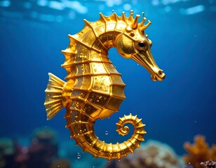 Golden seahorse in underwater scene